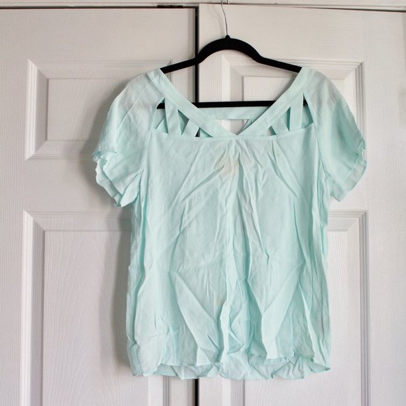 NWT Anthropologie Maeve Lattice Neckline Top in Sky Size 8 Soft Mint Green Rayon - Picture 1 of 10